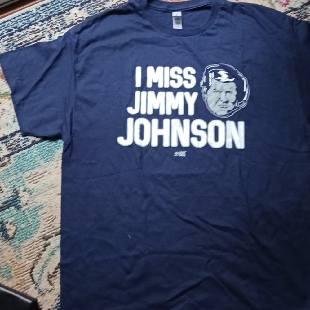 Blue all cotton 'I miss Jimmy johnson' screened on the front.